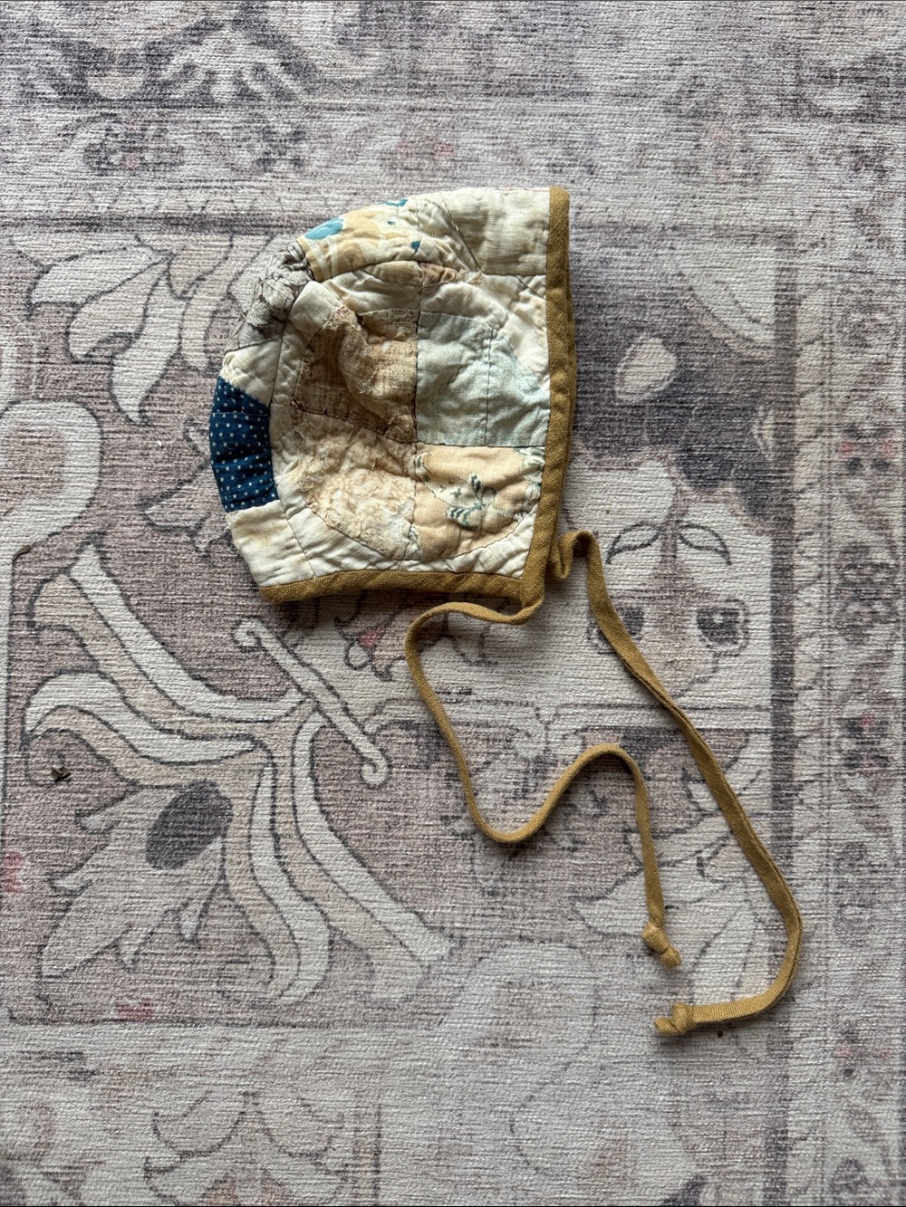Quilted Patchwork Baby Bonnet in Beige and Blue - Kids Accessories